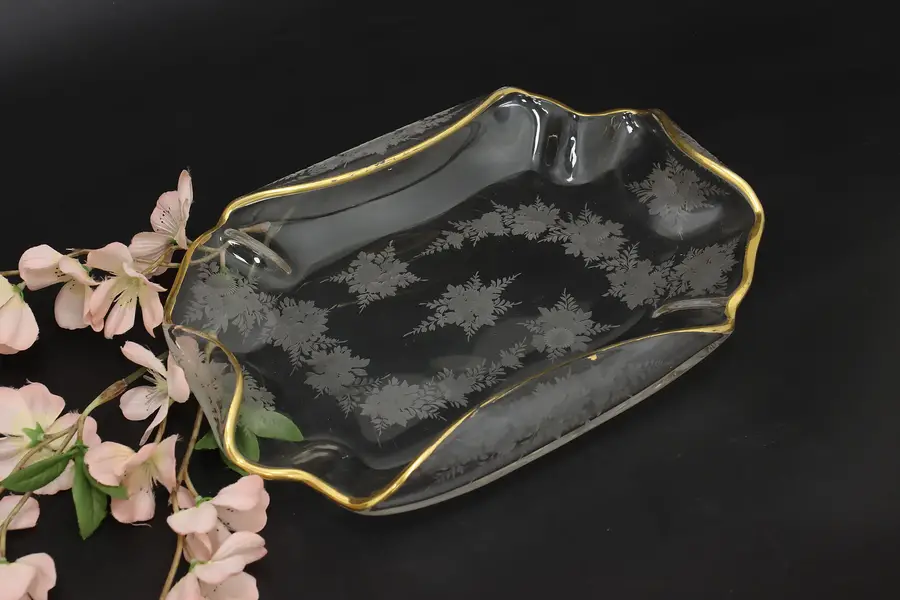Photo of Victorian Antique Etched Glass Card Candy Key Dish Flowers