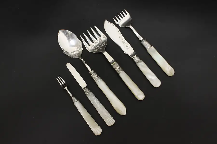 Photo of Set 6 Antique Victorian Silverplate & Pearl Serving Utensils