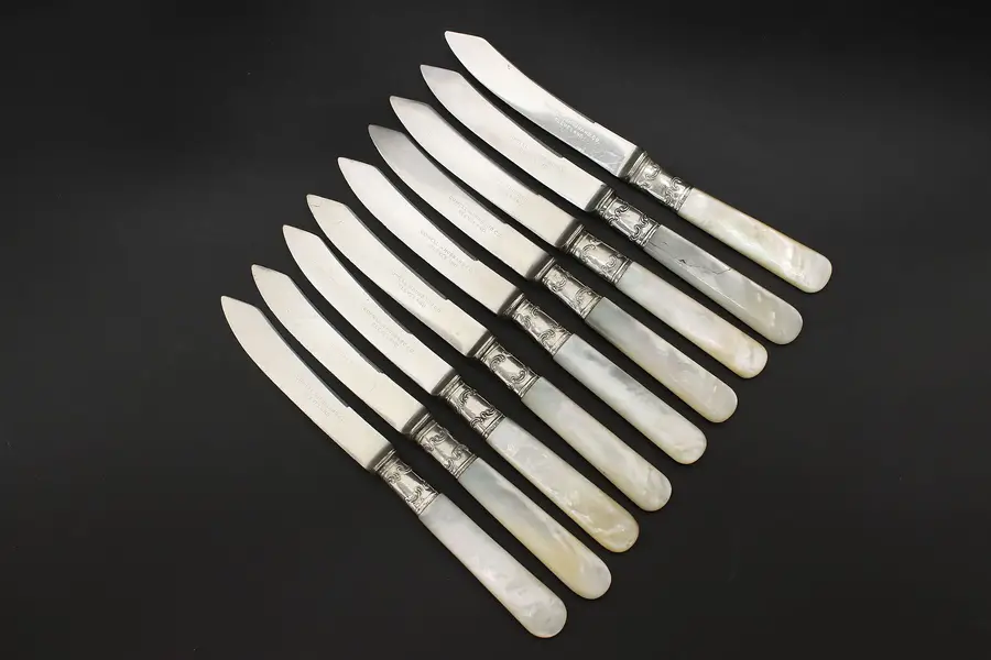 Photo of Set of 9 Antique Sterling & Pearl Cheese Knives Cowell