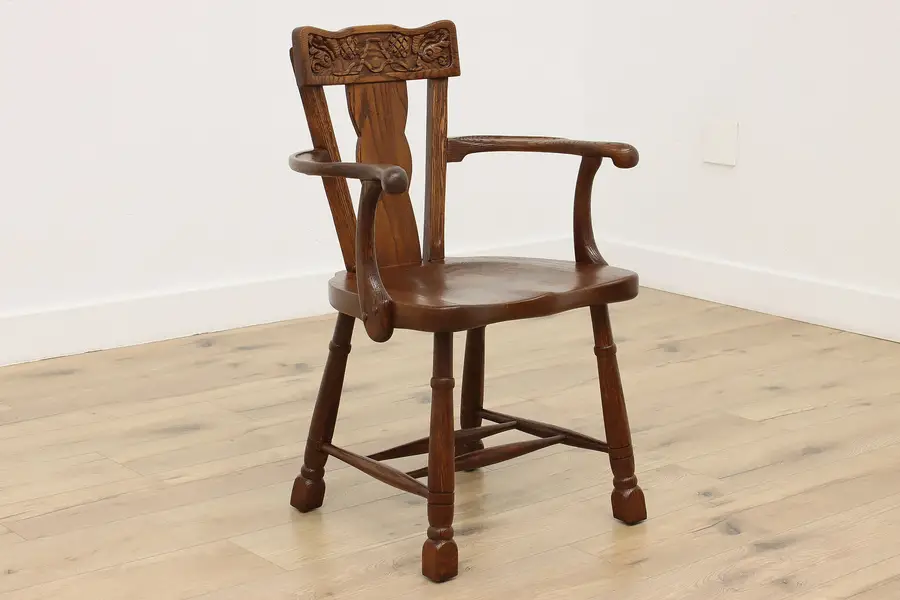 Photo of Tudor Design Antique Carved Oak Side, Desk or Hall Chair