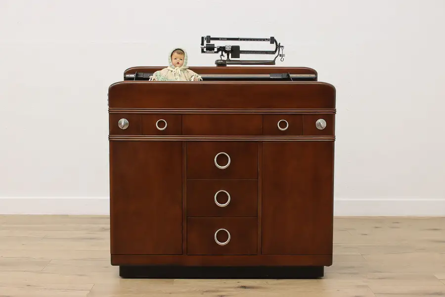Photo of Art Deco Walnut Medical Cabinet & Baby Scale Signed Allison