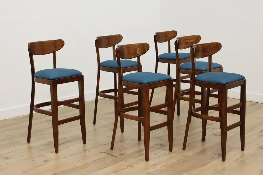 Photo of Set 6 Midcentury Modern Birch & Leather Bar Stools Drevounia
