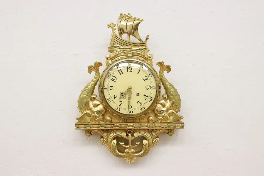 Photo of Scandinavian Vintage Gilt Cartouche Clock Sea Monsters, Ship