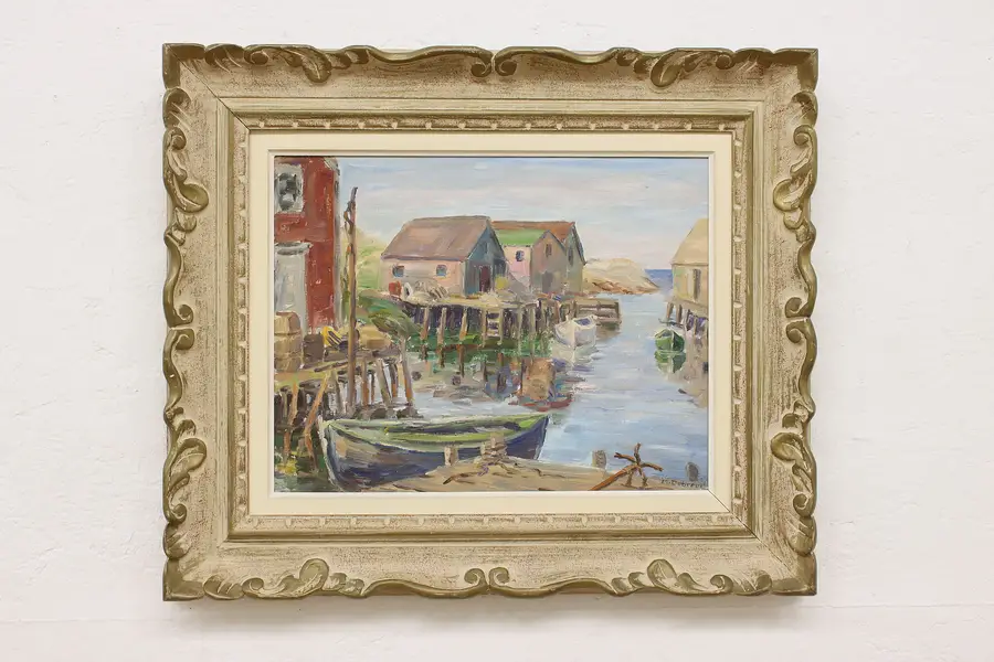 Photo of River Harbor Dock Vintage Original Oil Painting Dubreuil 26"