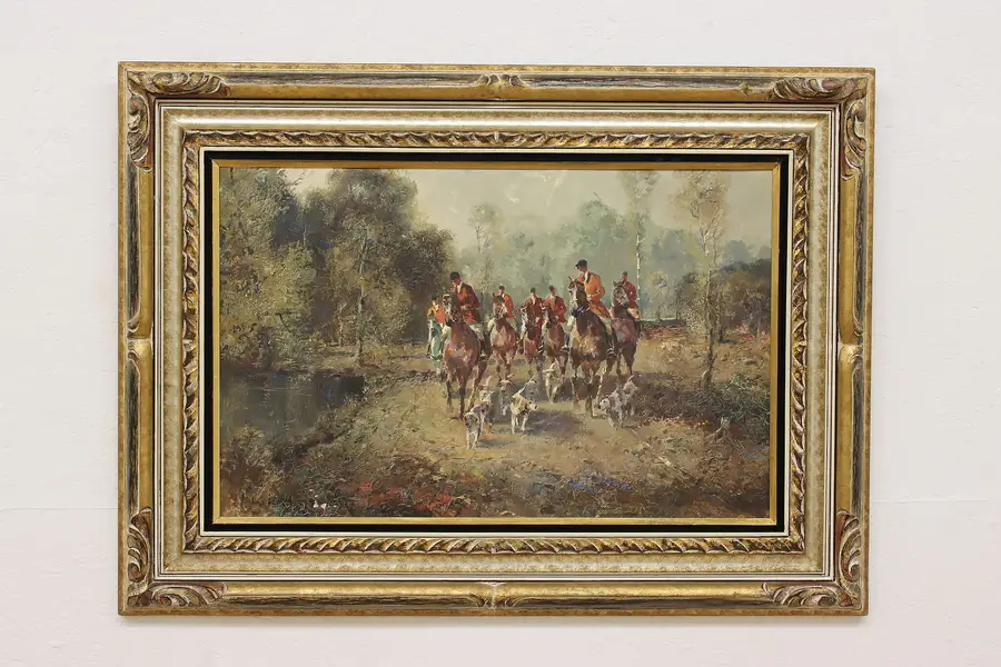 Photo of Fox Hunters Vintage Original Oil Painting Gschossman 42.5"