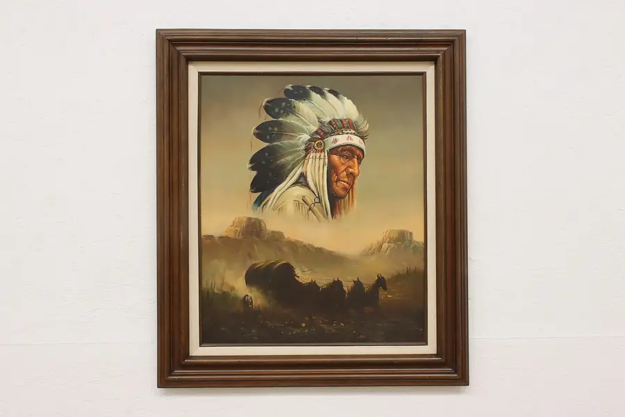 Photo of Native Indian Chief Portrait Original Painting Su 31"