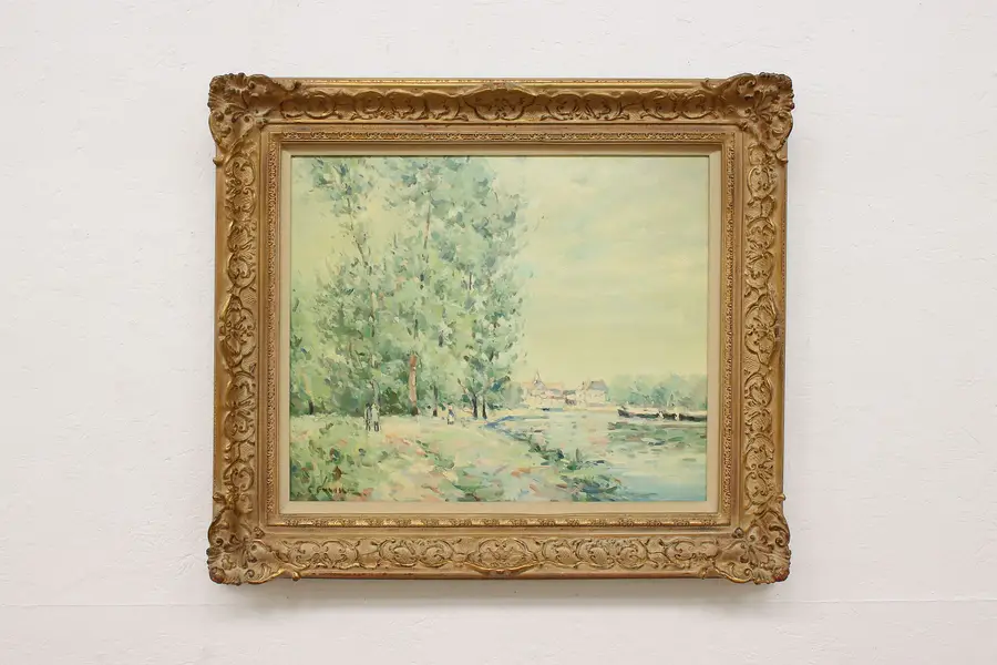Photo of Lake Walking Path Antique Original Oil Painting Fredric 32"