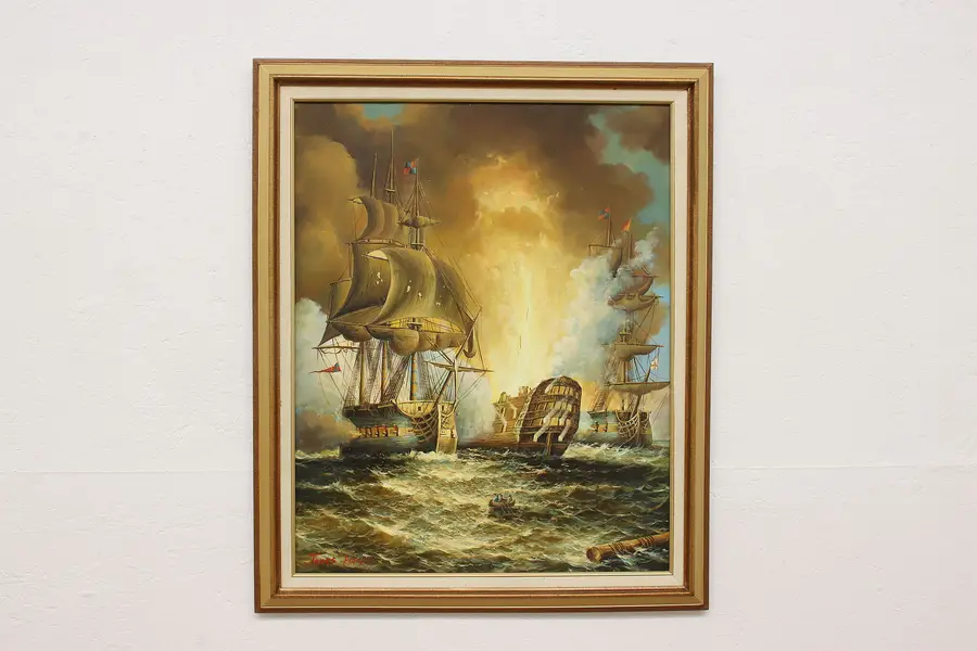 Photo of Ship Battle at Sea Vintage Original Oil Painting, Hardy 35"