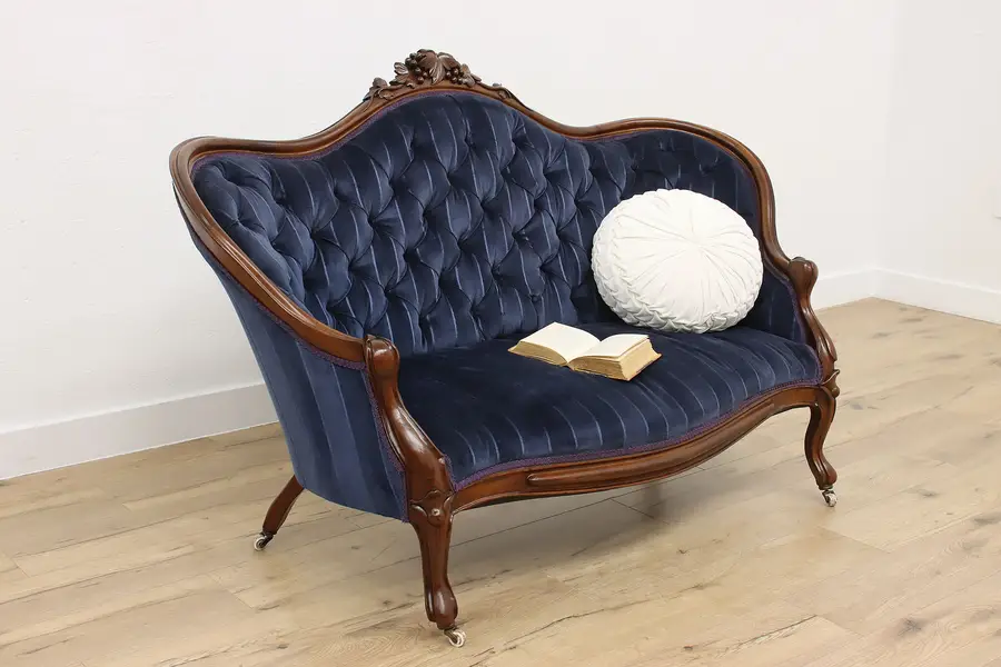 Photo of Victorian Antique Walnut Tufted Loveseat Settee Grape Motif