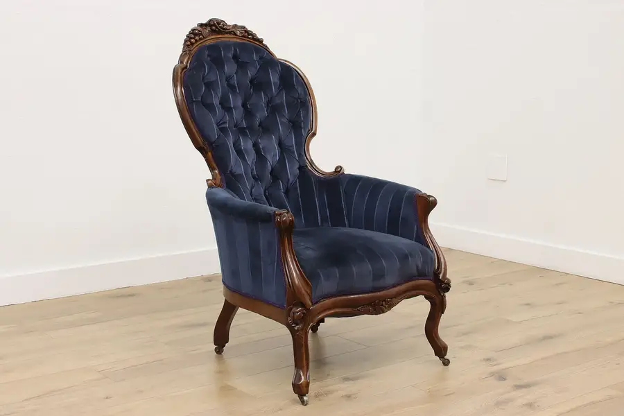 Photo of Victorian Antique Carved Walnut Tufted Chair, Carved Grapes
