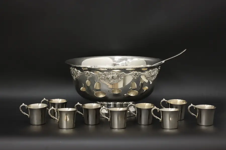 Photo of Wallace Vintage Silverplate Punch Set, Bowl Ladle 12 Cups