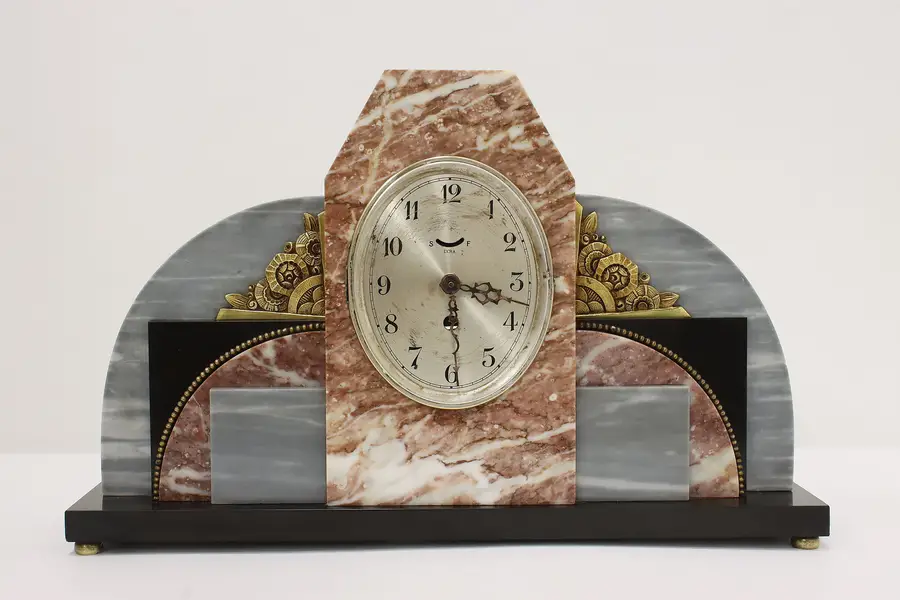 Photo of French Art Deco Antique Marble & Brass Mantel Clock, Ucra