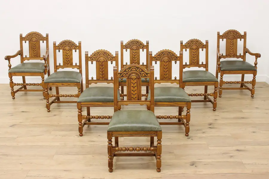 Photo of Set of 8 English Tudor Antique Oak & Leather Dining Chairs