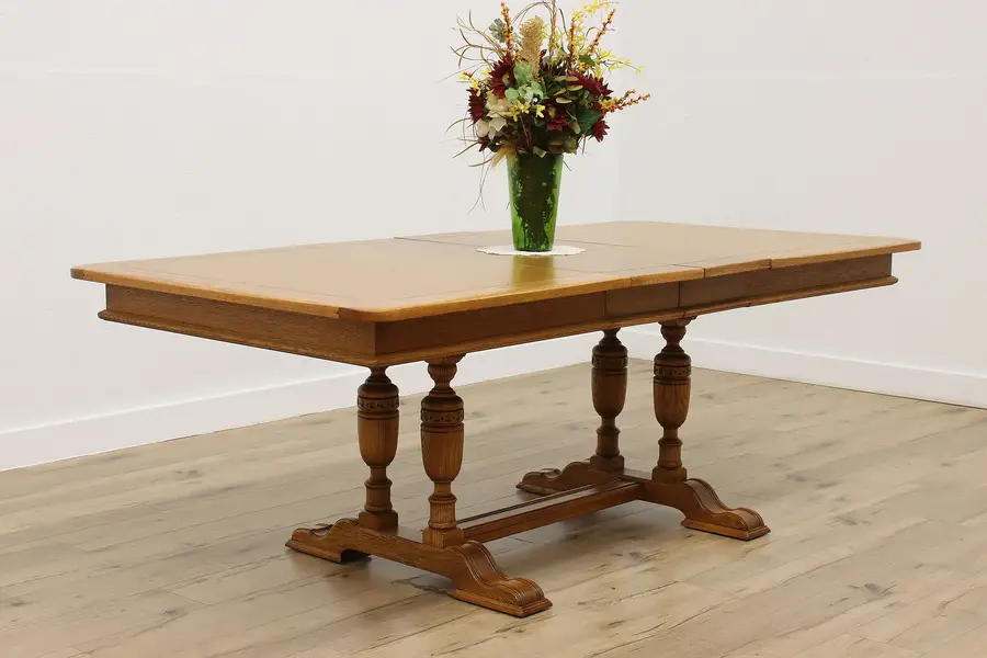 Photo of English Tudor Antique Carved Oak Dining Table Extends 7'