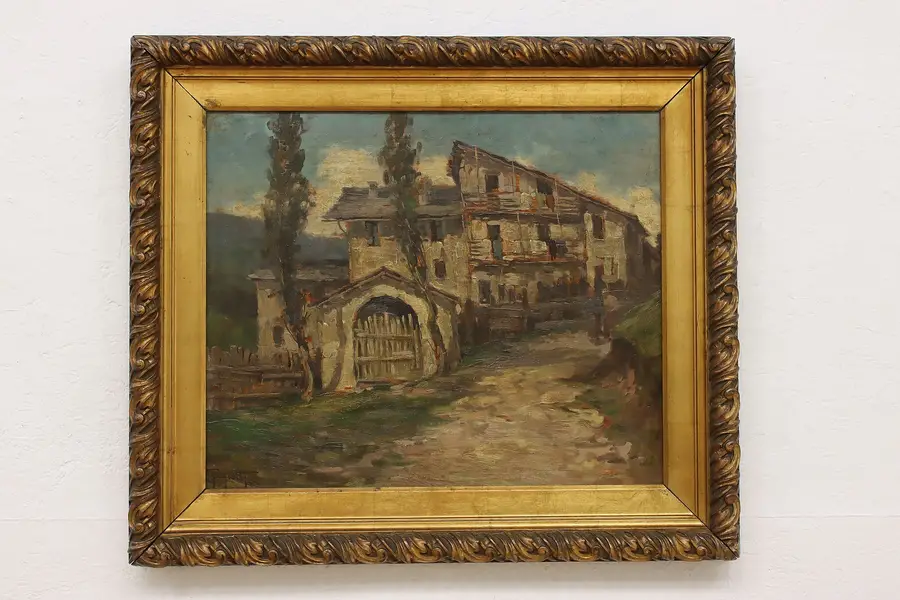 Photo of Country Farmstead Antique Original Oil Painting Signed 30.5"