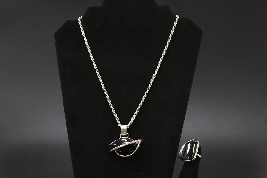 Photo of Italy Sterling Silver Dark Ruby Cabochon Necklace & Ring Set