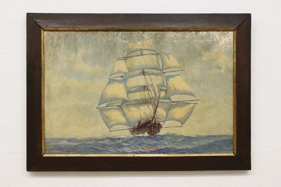 Photo of Lightning Ship Antique Original Oil Painting, Small 36"