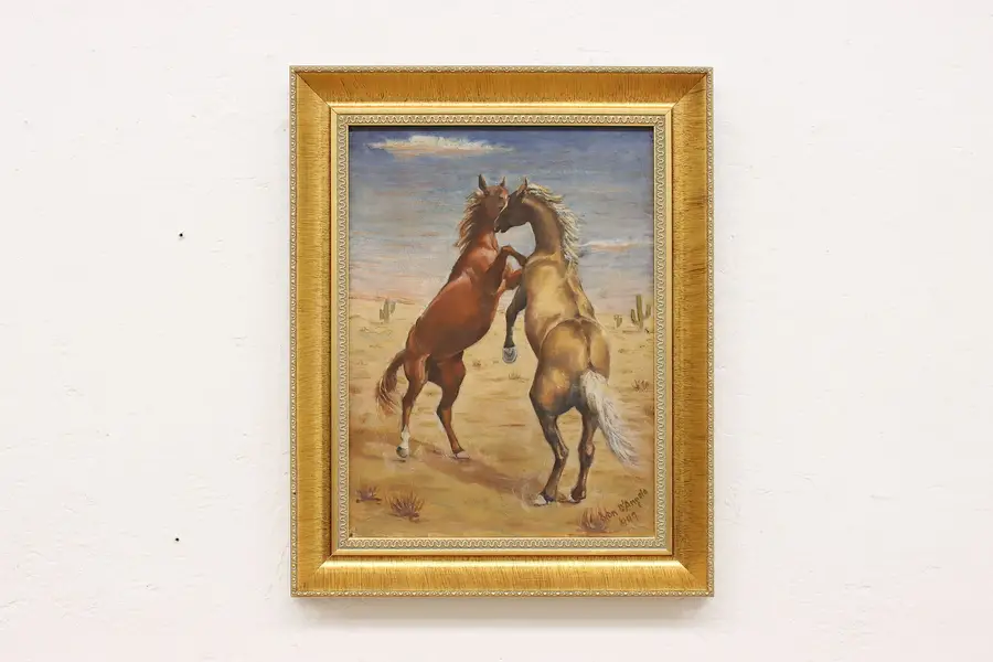 Photo of Fighting Horses Vintage Original Oil Painting D'Angelo 20"