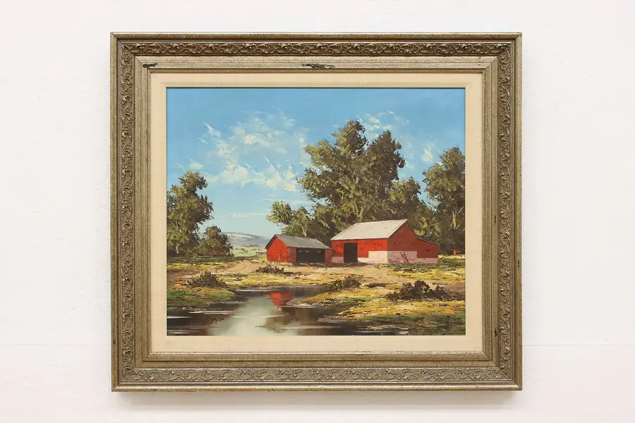 Photo of Red Barns on Farm Vintage Original Oil Painting Heyer 32"