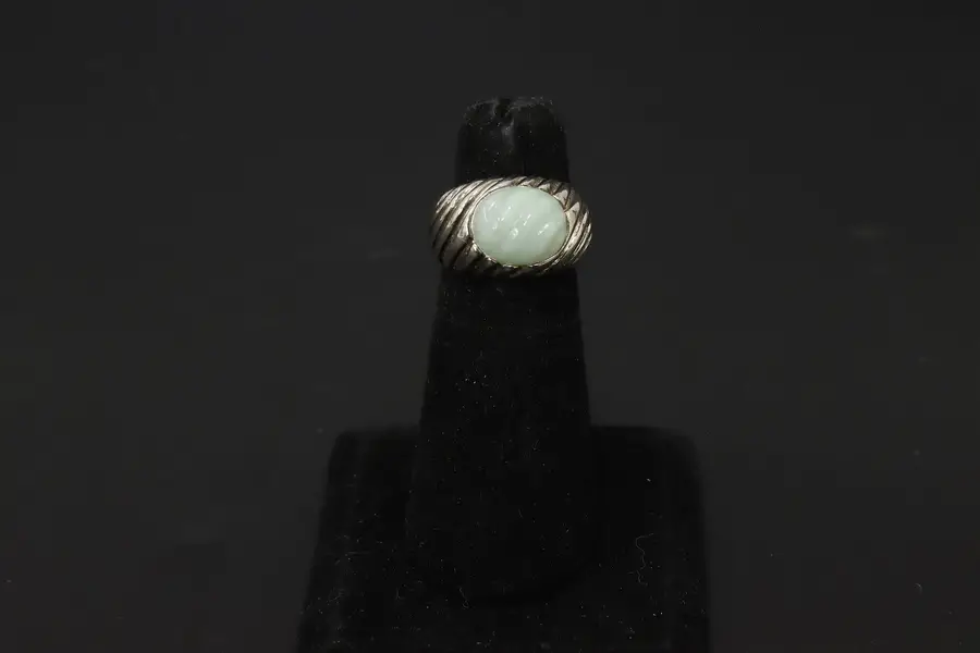 Photo of 925 Sterling Silver Ridged Band Carved Pale Jade Ring