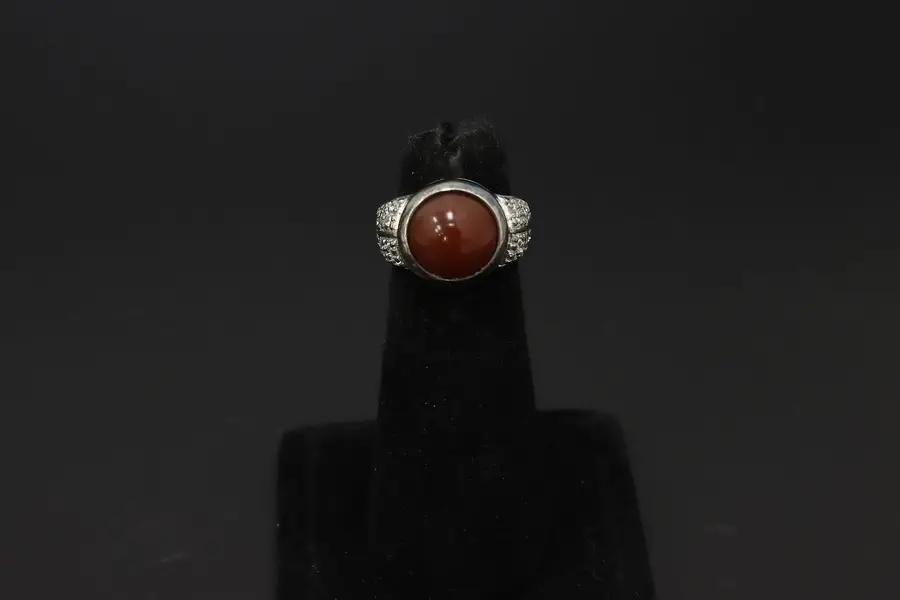 Photo of 925 Sterling Silver Carnelian Cabochon Pavé CZ Cocktail Ring