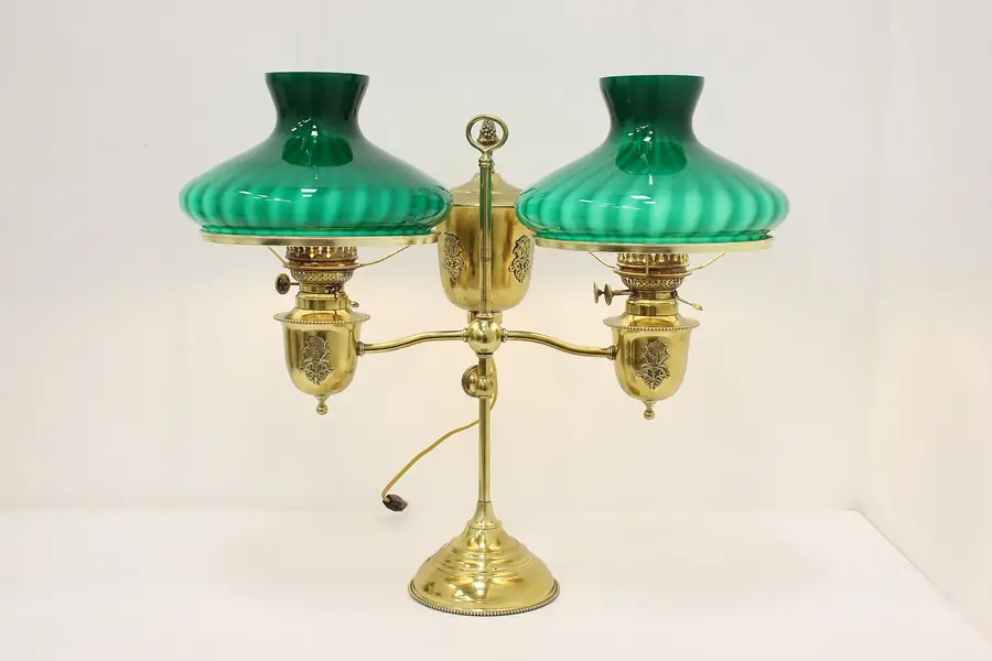 Photo of Victorian Antique Double Brass Student Lamp, Emerald Shades