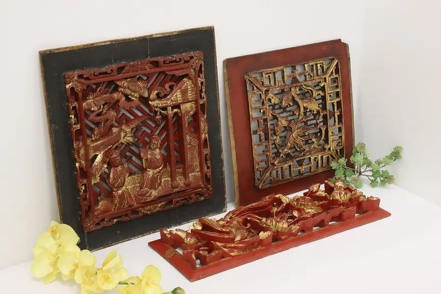 Photo of Set of 3 Antique Chinese Painted & Gilt Carved Wall Panels