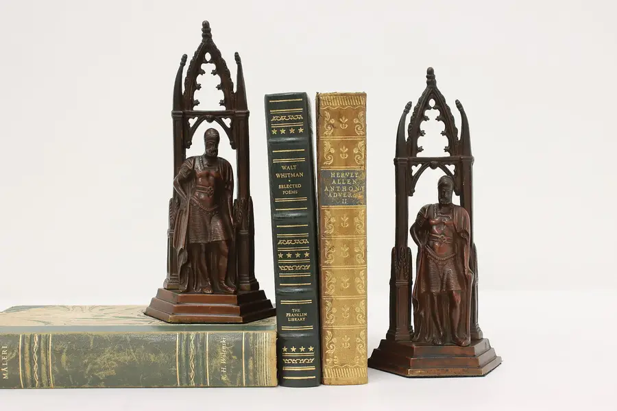 Photo of Pair Gothic Antique Brass Crusader Knight Bookend Sculptures