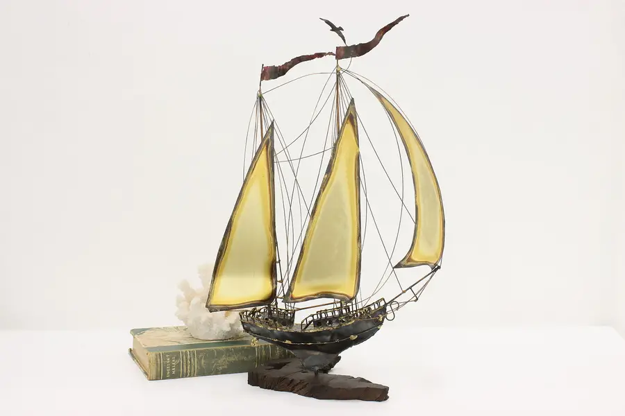 Photo of Nautical Vintage Brass Plated Ship Sculpture Live Edge Base