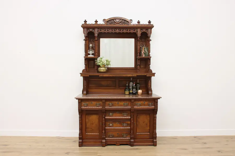 Photo of Victorian Eastlake Antique Walnut, Marble Sideboard Bar Ward