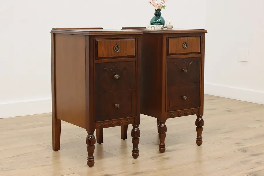 Photo of Pair Tudor Antique Nightstands End Tables Blackhawk