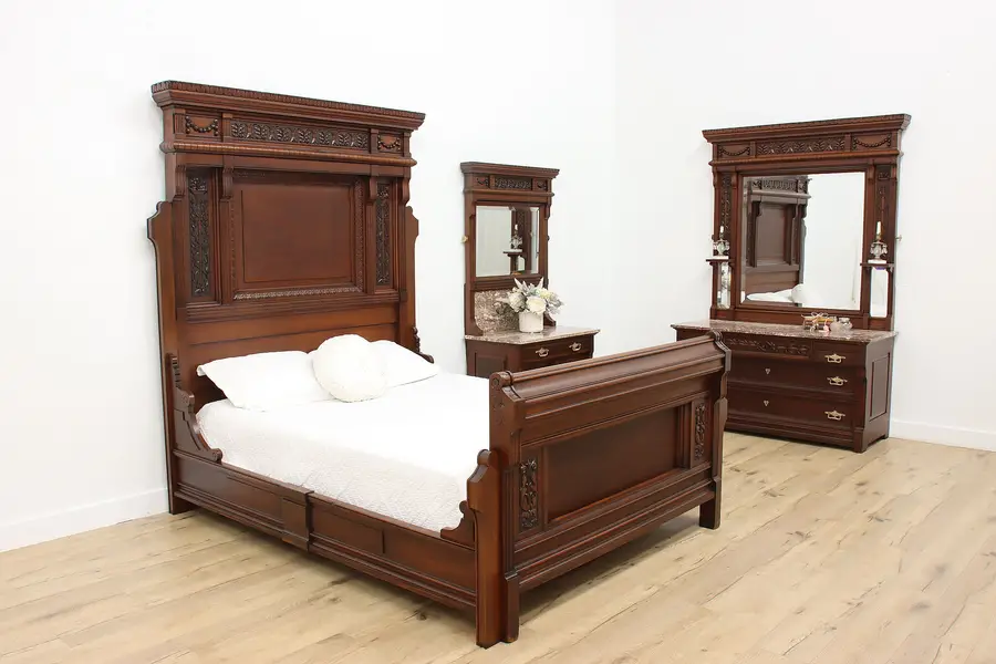 Photo of Victorian Eastlake Antique 3 Pc Queen Bedroom Set, Marble