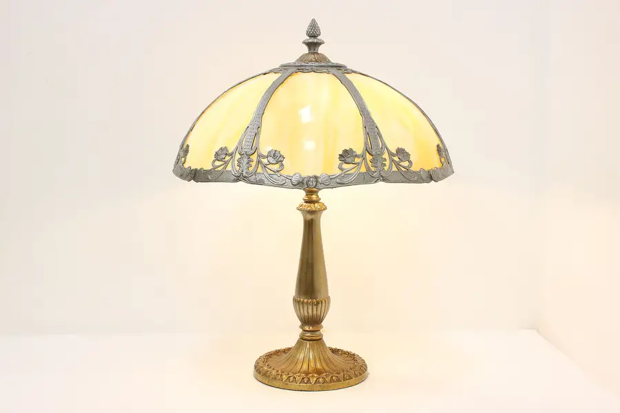 Photo of Art Nouveau Antique Stained Glass Shade Library Lamp Rainaud