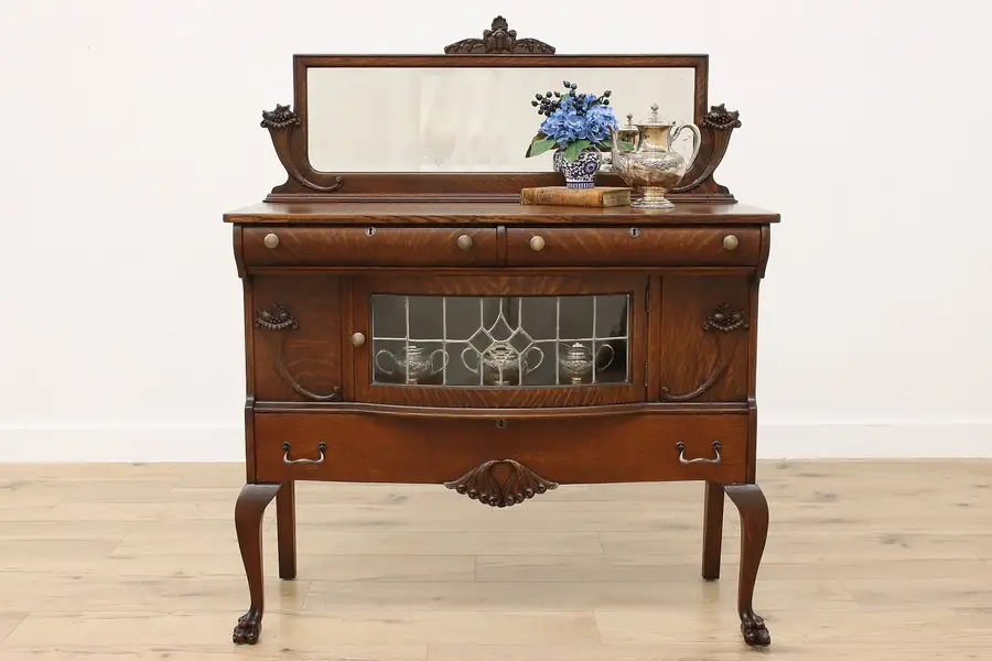 Photo of Victorian Antique Oak Sideboard or Bar Cabinet, Leaded Glass