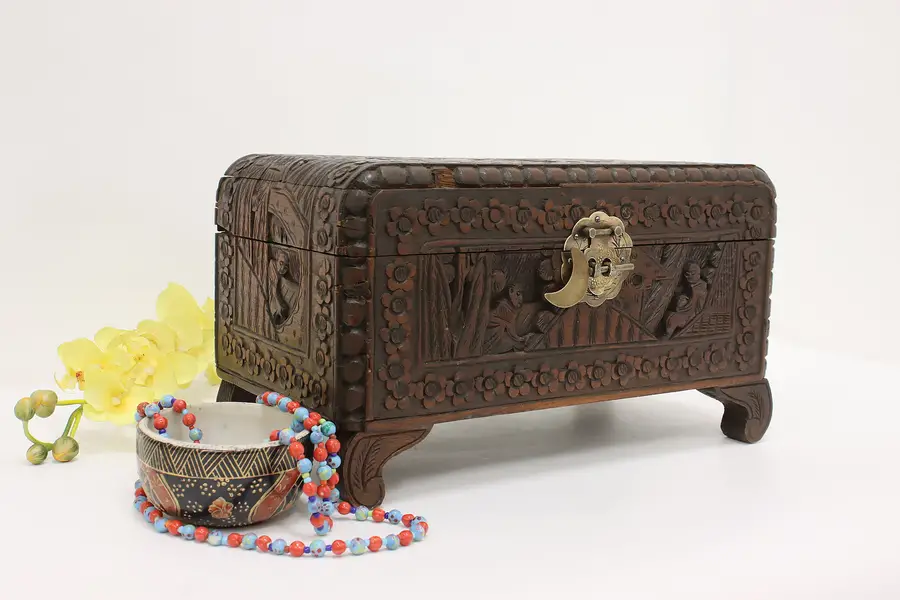 Photo of Chinese Antique Carved Teak Jewelry or Keepsake Chest