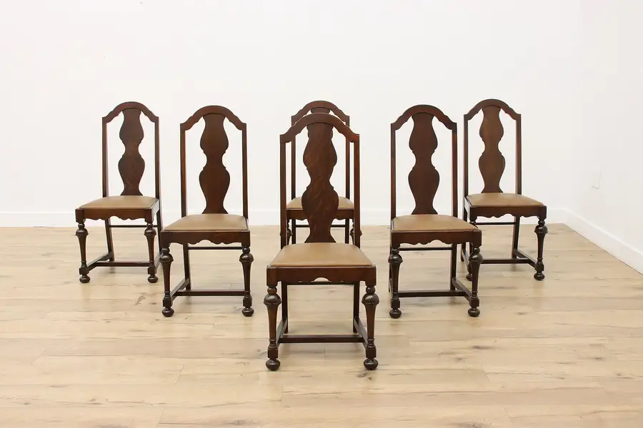 Photo of Set of 6 Trumpet Leg Antique Oak Dining Chairs, New Leather