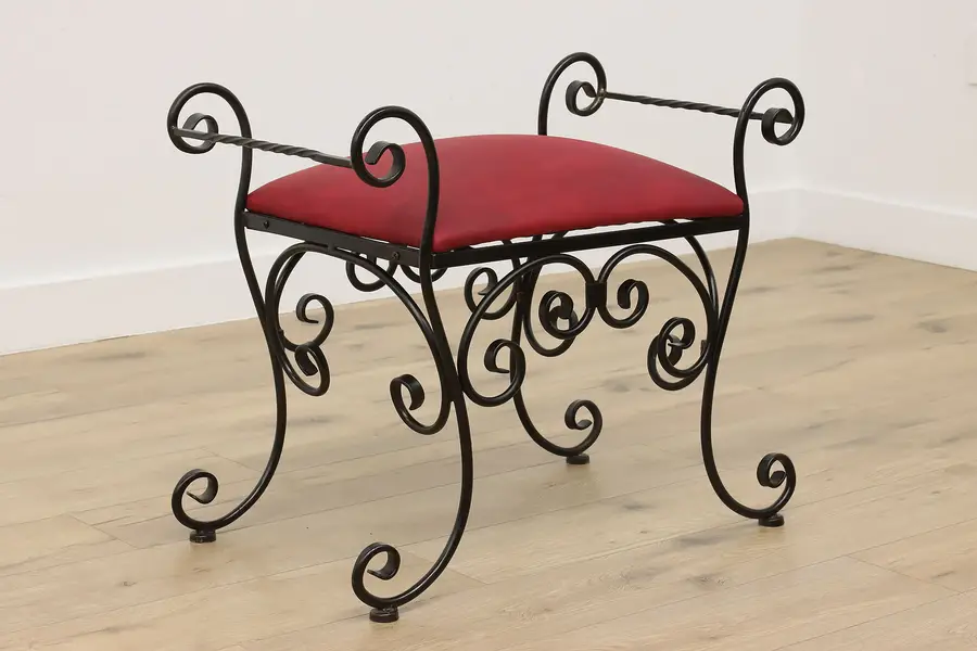 Photo of Hollywood Regency Vintage Wrought Iron Leather Bench