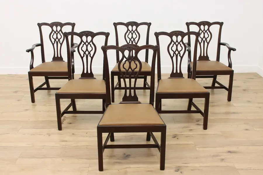 Photo of Set 6 Stickley Georgian Mahogany & Leather Dining Chairs