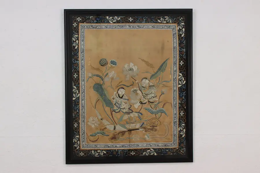 Photo of Children & Flowers Vintage Chinese Silk Embroidery Panel 31"