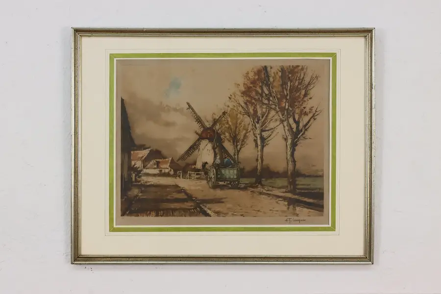 Photo of The Old Mill Antique Original Colored Etching Luigini 25.5"