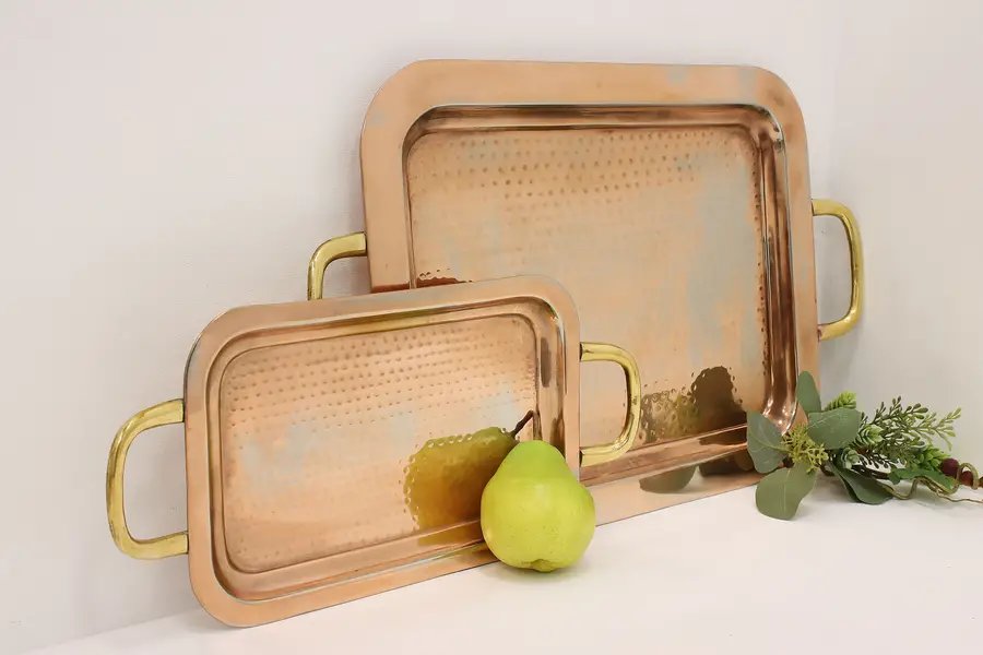 Photo of Pair of Farmhouse Vintage Hammered Copper Serving Trays