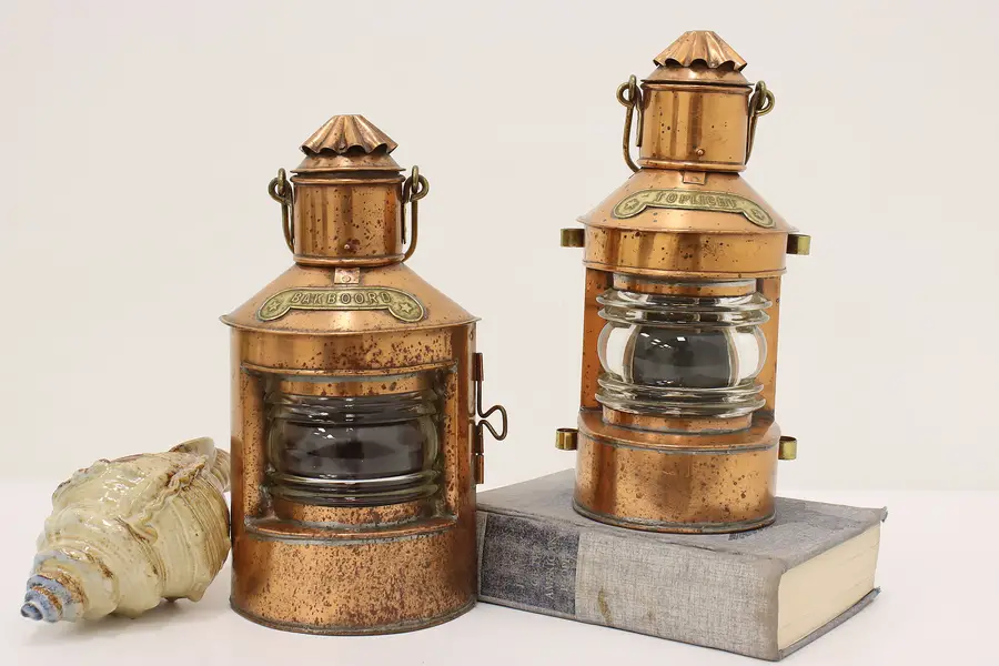 Photo of Pair of Dutch Vintage Copper Nautical Ship Oil Lanterns