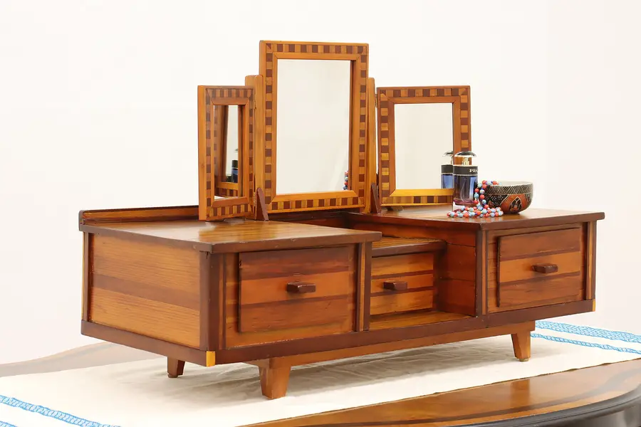 Photo of Folk Art Vintage Redwood Tabletop Jewelry Vanity & Mirror