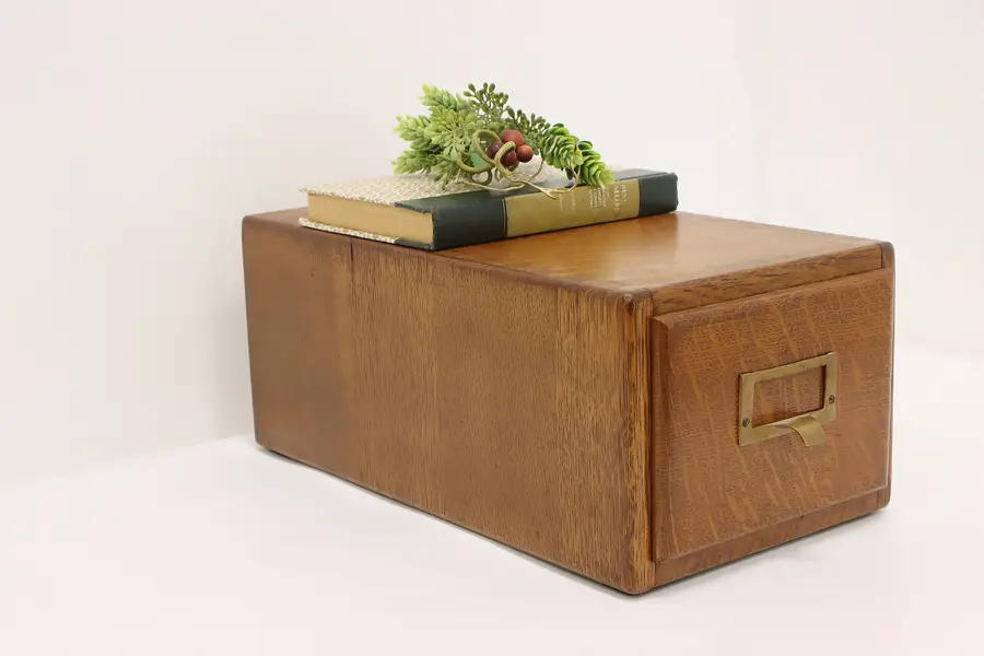 Photo of Arts & Crafts Antique Oak Desktop Card File w/ Folders, Shaw