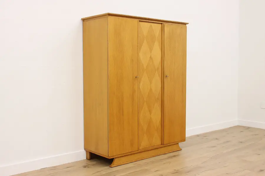 Photo of Art Deco Antique Oak Triple Armoire, Wardrobe, or Closet