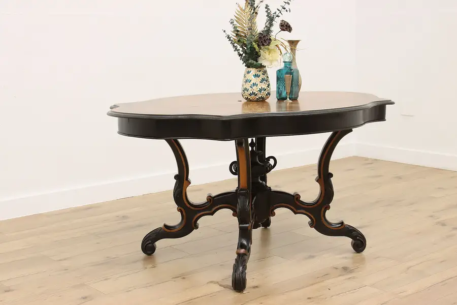 Photo of Victorian Antique Carved Oval Walnut Center Hall Lamp Table