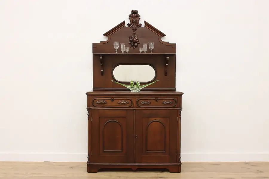 Photo of Victorian Antique Carved Walnut Sideboard Bar Cabinet Mirror