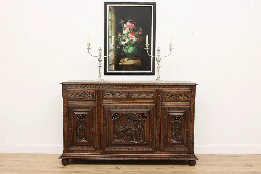 Photo of French Brittany Antique Oak Sideboard Server Harvest Scenes