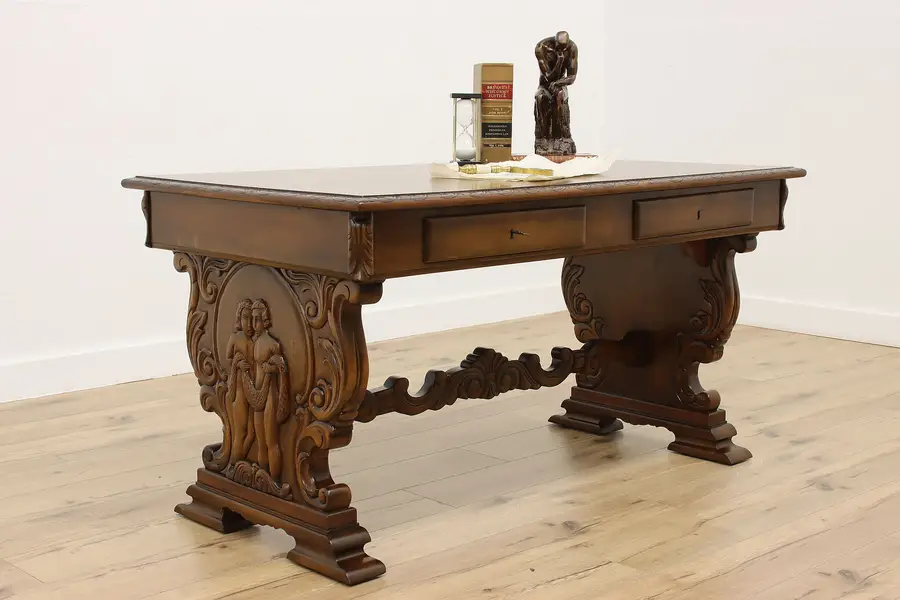 Photo of Adam & Eve Hand Carved Antique Oak Office Desk Library Table