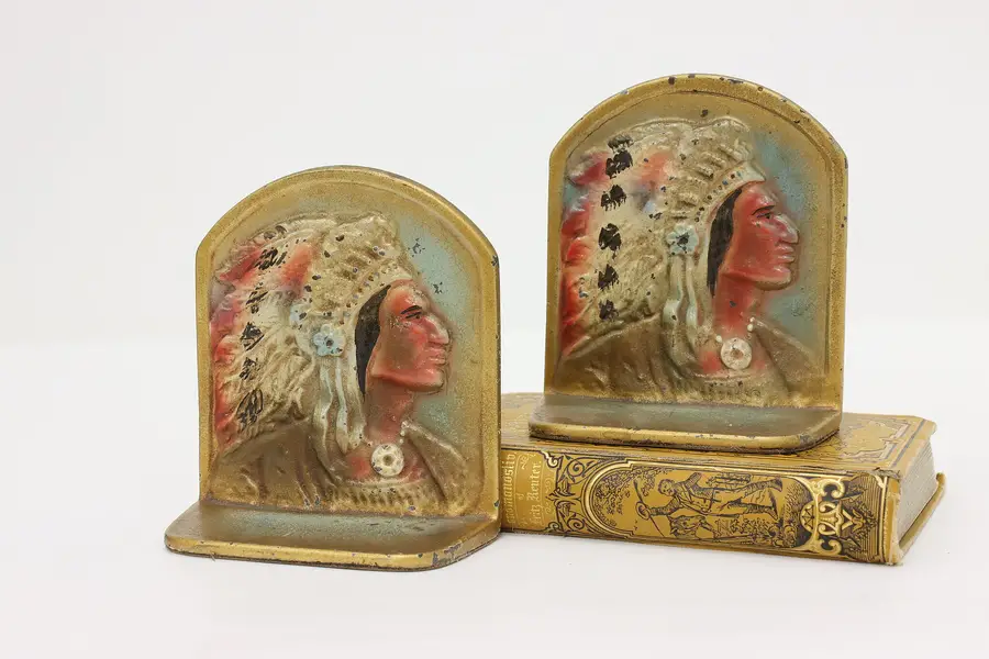 Photo of Pair of Native American Indian Antique Painted Iron Bookends